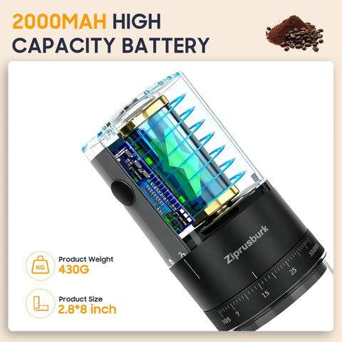 Lightning Fast Portable Electric Coffee Grinder With Smooth Ceramic Burr And 38 Adjustable Grind Settings Charges On The Fly, showing 2000mAh battery.