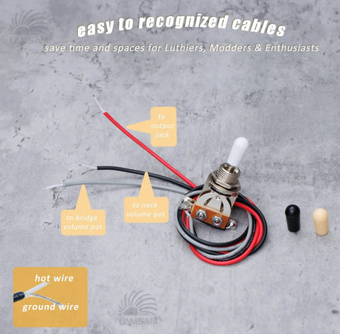 Prewired 3 Way Toggle Harness for Les Paul Style Guitars Ready to Install with labeled color-coded wires on a gray surface.