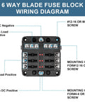 Six Way Fuse Block With LED Indicator 12V Marine Fuse Box For RV Boat Motorcycle And Your Ride 6 Circuit Blade Fuse Block With Waterproof Cover Includes 12 Fuses And Tip Stickers. Wiring diagram of 6-way blade fuse block with screw terminals and mounting holes.