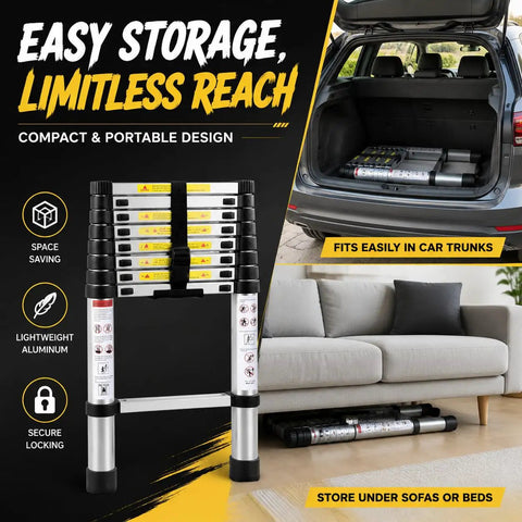 10.5 Ft Telescoping Aluminum Ladder Lightweight Extension For Diy And Home Projects, Rust Resistant Thickened Tubes, Built For Stability, EN131 Compliant, Portable And Easy To Carry, Multi Position, Anti Slip Feet, folded in car trunk
