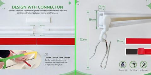 Self Adhesive Curtain Track Kit No Drill Wall Mount Easy To Install Curtain Rails With Adhesive Rod For Damage Free Hanging 4 Feet 48 Inches White Finish Ideal For Quick No Drill Window Treatments connector and hook detail