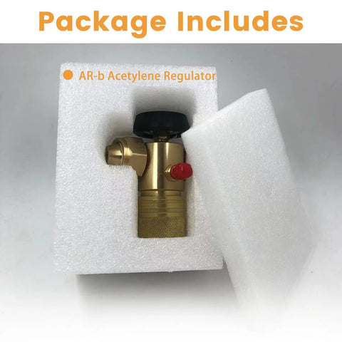 Acetylene Regulator CGA520 For B Tanks, Torch Regulator And Gauge Kit, Heavy Duty Brass Construction, Pro Grade Gas Welding Regulator For Tight Connections And Long Lasting Performance. Brass acetylene regulator in foam packaging.