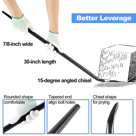 Pro Grade Round Connecting Bar For Go To Aligning Prying And Chiseling With Alignment Tip And Bent Chisel End Built From Heavy Duty Steel For Real World Prying And Alignment Tasks shown with dimensions and features.