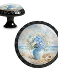 Coastal Beach Vase Hydrangea Round Cabinet Knobs Set Of 4 with seashell design on black base