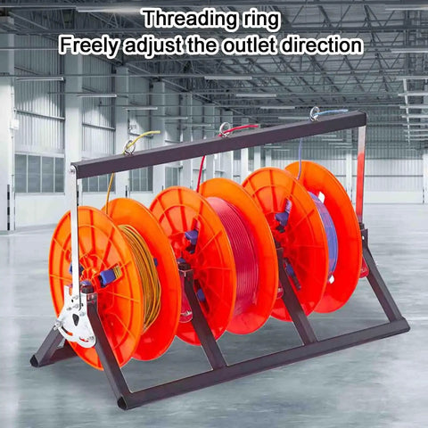 Rugged Metal Wire Dispenser Rack And Cord Reel Organizer for electricians in warehouse setting with orange spool reels