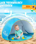 Pop Up Baby Beach Tent Shade Lounge With Auto Open Portable Sun Shelter For Infants Under Three UV 50 Plus Protection Pool And Sand Play Area Ideal For Family Beach Trips on sandy beach with child inside.