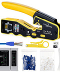 RJ45 Pass Through Ethernet Crimp Tool Kit All In One Pro Grade Set With accessories including cable tester and connectors
