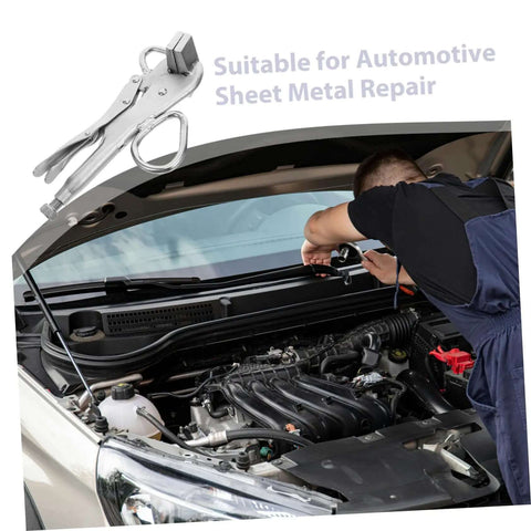 Adjustable Welding Clamp Pliers With Wide Flat Duckbill for auto body sheet metal repair, shown in car maintenance setup.