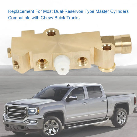 Heavy Duty Solid Brass Brake Proportioning Valve For Disc Front Drum Rear Systems Adapts To Dual Reservoir Master Cylinders, close-up view of valve.