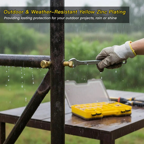 Image of a hand using a wrench with 1066 Piece Metric Bolt And Nut Assortment Kit 8.8 Grade Hex Fasteners Spanning M4 Through M12 Yellow Zinc Coated.