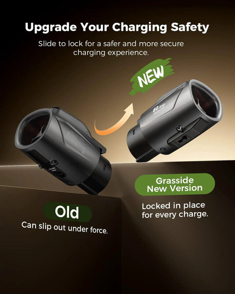 Plug And Play Tesla To J1772 Charging Adapter With Solid 80 Amp Build for daily driving, showing old vs new secure locking mechanism.