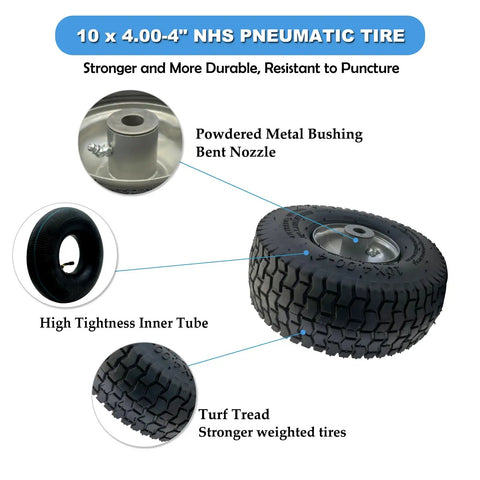Two Pack 10x4.00-4 Pneumatic Wheel Set With Steel Rim For Mowers Hand Trucks Carts Wheelbarrows And Utility Wagons 2.22 Inch Offset Hub 5/8 Or 3/4 Inch Axle Bore All Purpose Tire Built Tough.