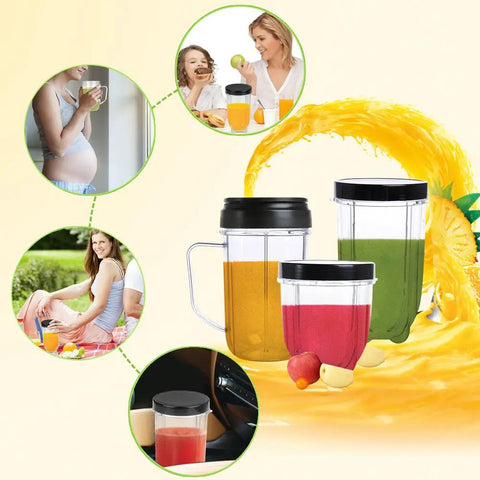 18-Piece Cup and Blade Replacement Set For Magic Bullet Blender MB1001 250W with filled cups and lifestyle images
