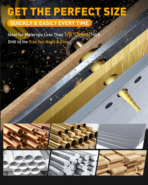 Titanium Coated Step Drill Bit Set Five Piece With Automatic Center Punch Short Length Double Cutting Blades High Speed Steel