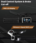 Mountain Electric Bike For Adults With 500W Peak Motor And Cadence Sensor 50 Mile Range 374Wh 36V 10400mAh UL 2849 Certified Battery 20 MPH Shimano 6 Speed 26 Inch Puncture Resistant Tires, handlebar display and shift lever
