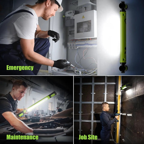 Cordless Underhood Work Light With Magnetic Base, 3000 Lumen LED, shown in various uses for emergencies, maintenance, and job sites.