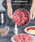 6 Cup Mini Food Processor Chopper With 250W Motor And Stainless Steel Blades Plus Meat Grinder Attachment For Meat Veggies Onion Garlic Nuts Sauces Ice And Baby Food In A Compact 1.5L Kitchen Processor showing processed meat and blade attachment.