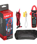 Compact Digital Clamp Meter 200A True RMS AC DC Current Tester with box, cables, and carrying case.