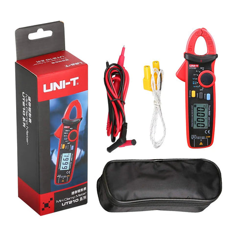 Compact Digital Clamp Meter 200A True RMS AC DC Current Tester with box, cables, and carrying case.