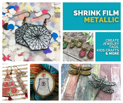 Hella Dope Metallic Shrink Film Gold Silver Opaque 8 By 11 Inches For Crafting Jewelry Pendants Gift Tags And Ornament Projects Super Easy To Cut Oven Bake And Shape Into Custom Charms Pack Of Six, showcasing earrings and charms.