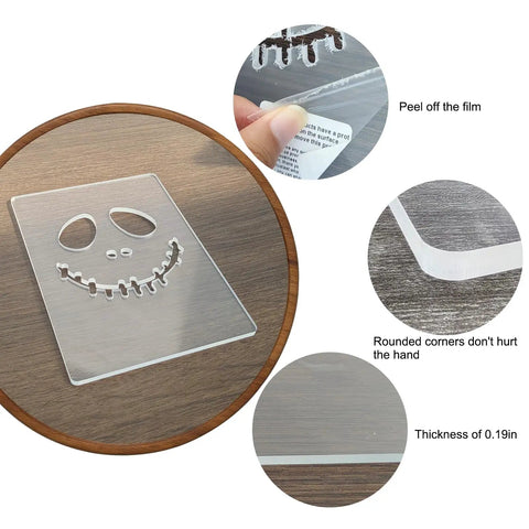 Top Shelf Clear Acrylic Router Template For Halloween Witch Hat Woodworking No Sweat Cutting Jig With Slick Edges For Sweet Diy Projects And Backyard Barn Builds showing clear acrylic template with rounded corners and peel-off film.