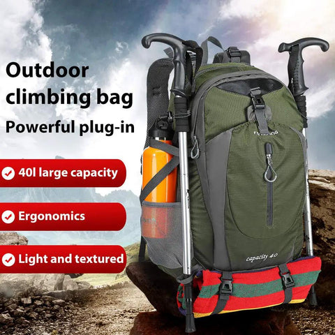Green 40L Go-To Waterproof Hiking Backpack For Men And Women with trekking poles and red straps, on rocky terrain.