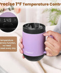 Precision Temp Control Self Heating Coffee Mug Rechargeable Smart Cup Keeps Your Java Piping Hot For Hours With Spill Proof Lid And Charging Coaster Total Game Changer For Daily Grind And Office Vibes, in purple, showing temperature display.