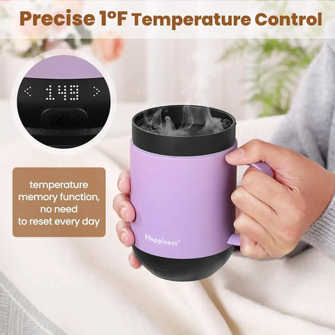 Precision Temp Control Self Heating Coffee Mug Rechargeable Smart Cup Keeps Your Java Piping Hot For Hours With Spill Proof Lid And Charging Coaster Total Game Changer For Daily Grind And Office Vibes, in purple, showing temperature display.