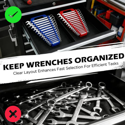 Magnetic Wrench Organizer With Non Slip Handle 24 Slot Pro Grade Heavy Duty Rack For Toolbox Storage shown in drawer