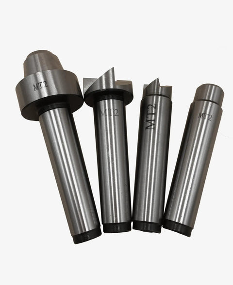 Heavy Duty MT2 Morse Taper Live Center And Drive Set For Wood Lathes with four precision tips in metallic finish.
