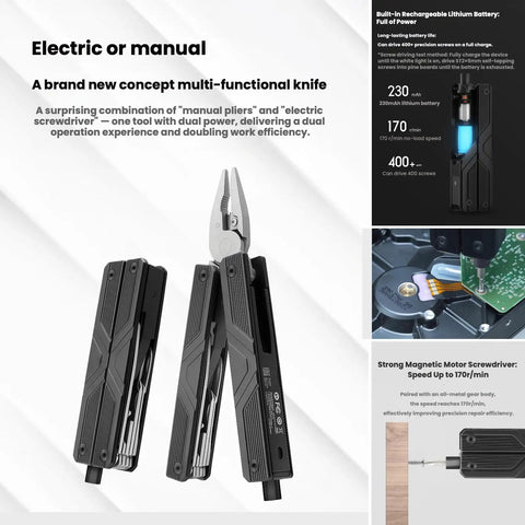 13-in-1 Full-Size Multitool With Ratcheting Screwdriver And Pliers Functions Crafted From Heat-Treated Steel for dual electric and manual use.