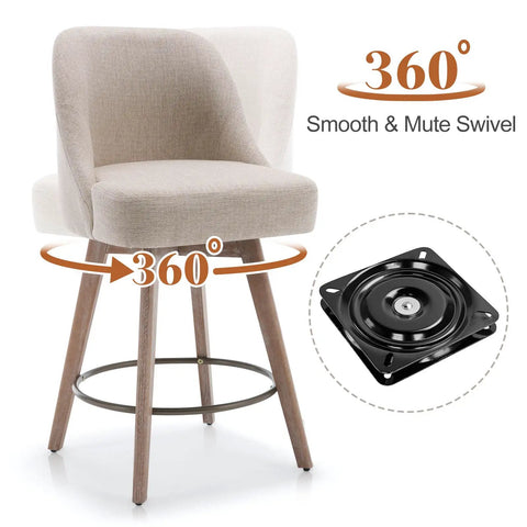 Set of 3 Counter Height Bar Stools with Backs, Modern Mid Century Swivel Chairs on Wood Legs, 26 Inch Seat Height for Kitchen Island