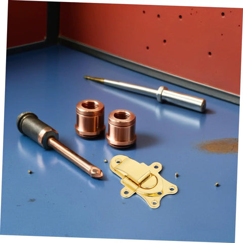 Retro Metal Duckbill Hasp Locks For Bags And Boxes With Secure Toggle Buckle Replacement Hardware on a workbench with tools.