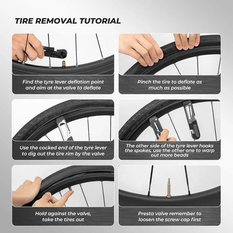 Tire removal tutorial using the 14 In 1 Bike Multitool Kit With Mini Ratchet Wrench, Tire Levers, Cone Wrenches, and File Blade.
