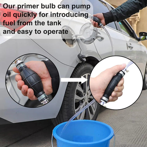 8mm Primer Bulb Hand Fuel Pump being used to transfer fuel from car tank to container