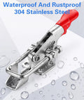 Heavy Duty 6pcs Stainless Steel Toggle Latch Clamps For Doors And Trailer Hatches Locking Hooks With Rust Proof Silver Finish with red handle in waterproof setting.