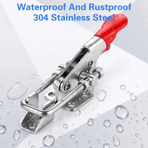Heavy Duty 6pcs Stainless Steel Toggle Latch Clamps For Doors And Trailer Hatches Locking Hooks With Rust Proof Silver Finish with red handle in waterproof setting.