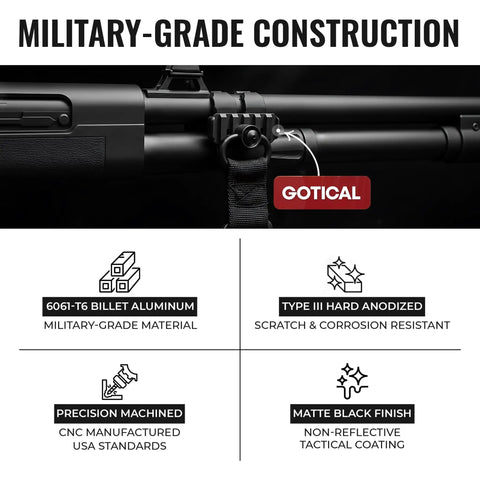 Shotgun Barrel Clamp Mount With Rubber Pads And Picatinny Rail Flashlight Attachment installed on a shotgun, military-grade aluminum