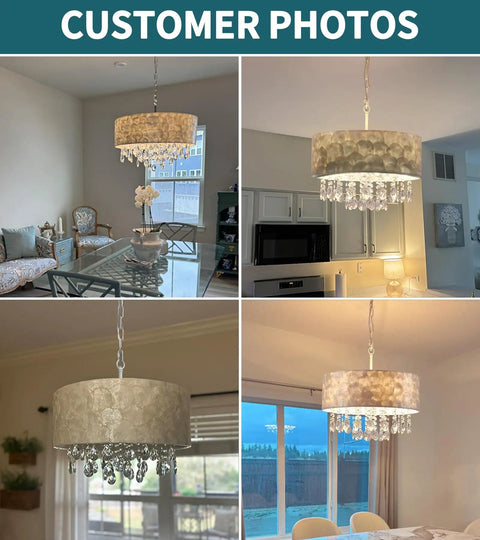 Showstopping Four Lights Drum Crystal Shade Black Chandelier Pendant Light in various room settings
