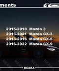 Fitments chart for Mazda 3, CX-3, CX-5, and CX-9 with dark car silhouette background