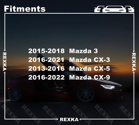Fitments chart for Mazda 3, CX-3, CX-5, and CX-9 with dark car silhouette background