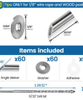 Items included in 60 Pack No Fuss Easy Install 45 Degree Adjustable Protector Sleeve For Wood Posts And 90 Degree Corner Posts, with 1/8" wire rope used in railing kit.
