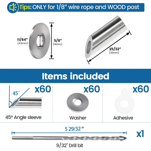 Items included in 60 Pack No Fuss Easy Install 45 Degree Adjustable Protector Sleeve For Wood Posts And 90 Degree Corner Posts, with 1/8" wire rope used in railing kit.