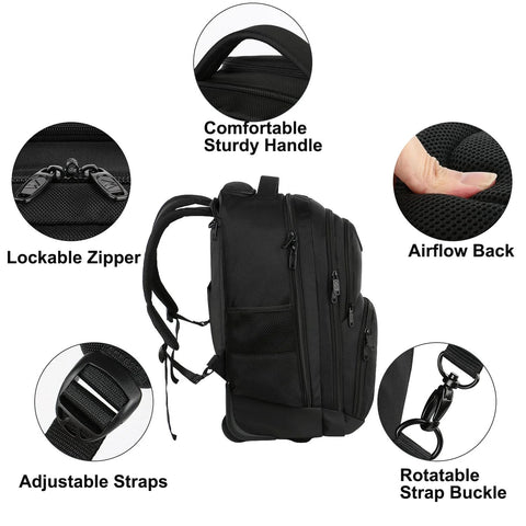 Black rolling laptop backpack with wheels, showing close-up details like sturdy handle, adjustable straps, and lockable zipper for travel.