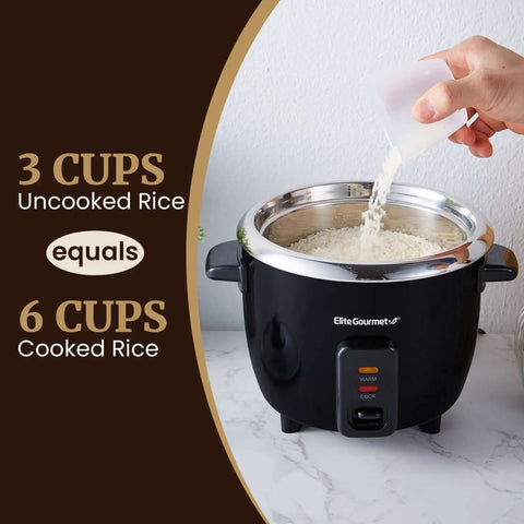 Pouring rice into 6-Cup Electric Rice Cooker with Stainless Steel Inner Pot for fluffy rice, ideal for soups, stews, porridge, keeps warm, black.