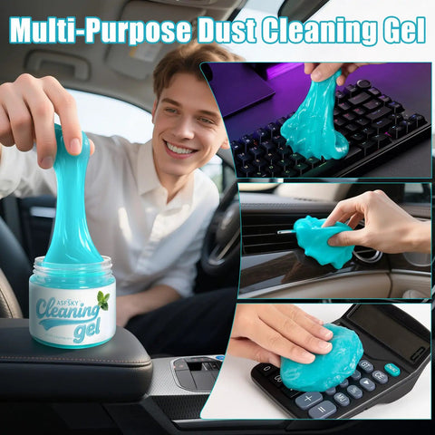 Mint Scented Car Cleaning Gel 160g Aromatherapy Dust Buster For Air Vents And Hard To Reach Corners Soft Gel Grabs Dust In Dashboard Console Crevices And Cup Holders With Fresh Mint Aroma, shown in car and keyboard cleaning use