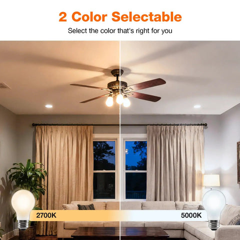 Room with a ceiling fan showing light difference between 2700K and 5000K using Soft White A15 LED Ceiling Fan Light Bulb Dimmable 60W Equivalent.