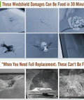 Comparison of windshield damages: repairable chips and cracks vs. irreparable damage, highlighting quick fixes with Upgraded Windshield Repair Kit For Chips And Cracks With Nano Resin And High Pressure Injection, Quick At Home Fix For Bullseyes And Cracks, Crystal Clear Finish, Long Lasting Seal And Easy DIY Use.