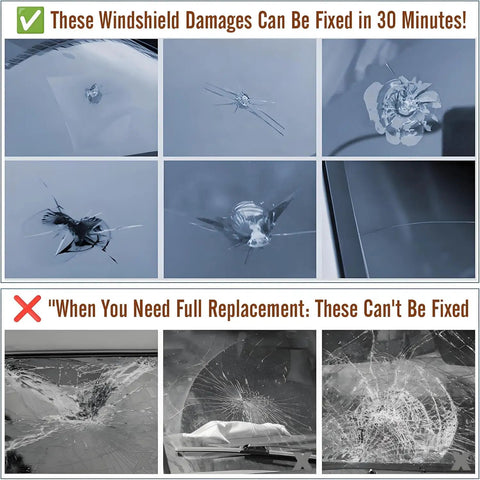 Comparison of windshield damages: repairable chips and cracks vs. irreparable damage, highlighting quick fixes with Upgraded Windshield Repair Kit For Chips And Cracks With Nano Resin And High Pressure Injection, Quick At Home Fix For Bullseyes And Cracks, Crystal Clear Finish, Long Lasting Seal And Easy DIY Use.