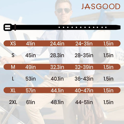 Size chart for Nickel Free Leather Belt For Men Non Metal TSA Friendly Travel Belt Airport Ready With Black Plastic Buckle